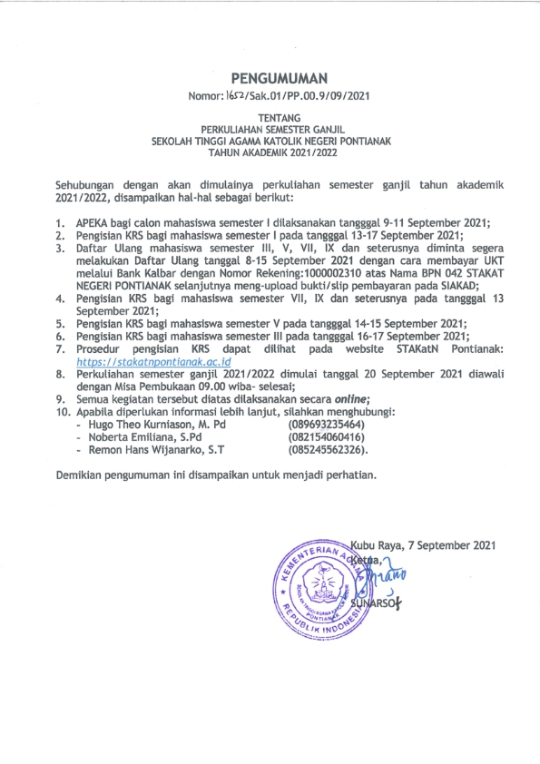 Pengumuman Perkuliahan Semester Ganjil Sekolah Tinggi Agama Katolik Negeri Pontianak